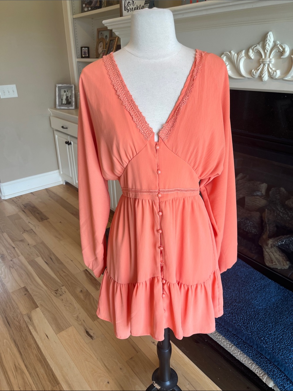 Long Sleeve Orange V-Neck Buttoned Tiered Flowy  Dress Ruffle Hem